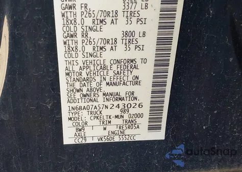 2007 Nissan Titan Se from USA, damaged, VIN 1N6BA07A57N243026